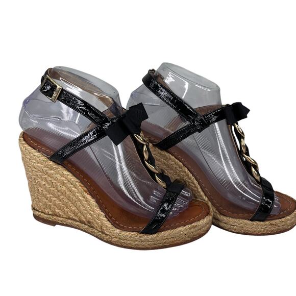 Kate Spade Espadrille Sandals Black 8 Bow Gold Chain - Picture 3 of 11